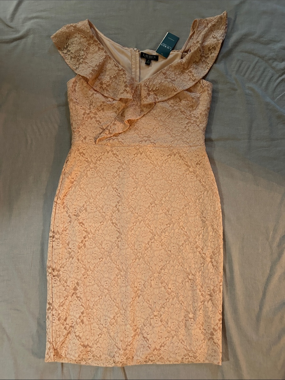 Lauren Ralph Lauren Blush Pink Lace Ruffle Sheath Dress with V Neck NWT